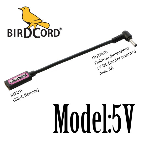 birdcord 5v model:5v product picture input usb-c female output Elektron Model:Cycles and Model:Samples plug dimensions 5v dc center positive 3mm 3A power delivery usb a cable birdcable songbird fx