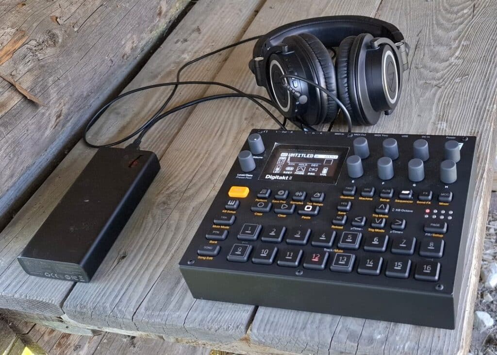 Elektron Digitakt II groovebox powered portably with a USB-C power bank and a Birdcord PD 12V
